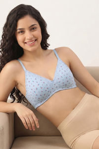 Zivame Padded Non Wired Medium Coverage Tshirt Bra - Blue Ditsy Floral — thumbnail 1